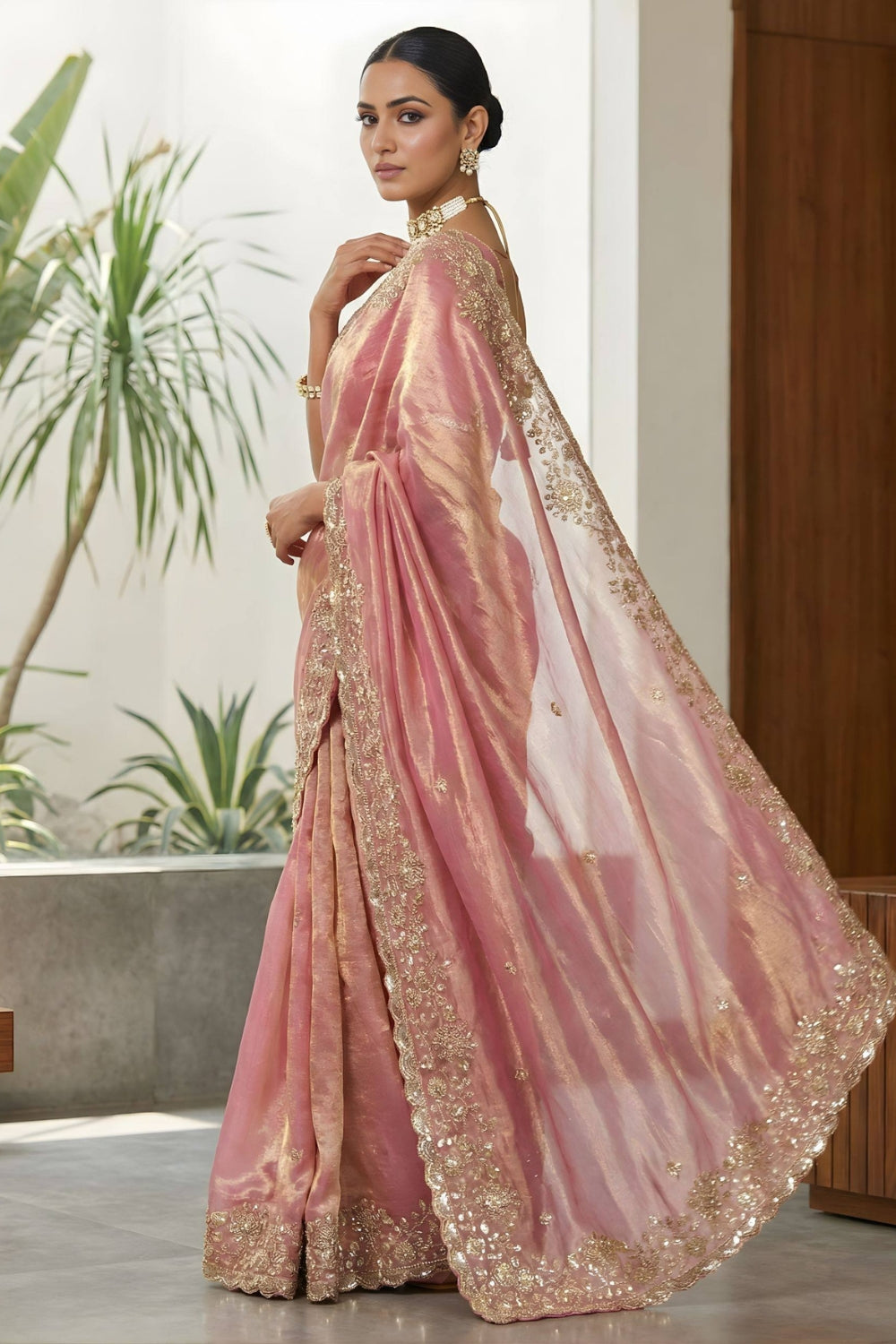 Satin Silk Embroidery and Sequins Work Saree