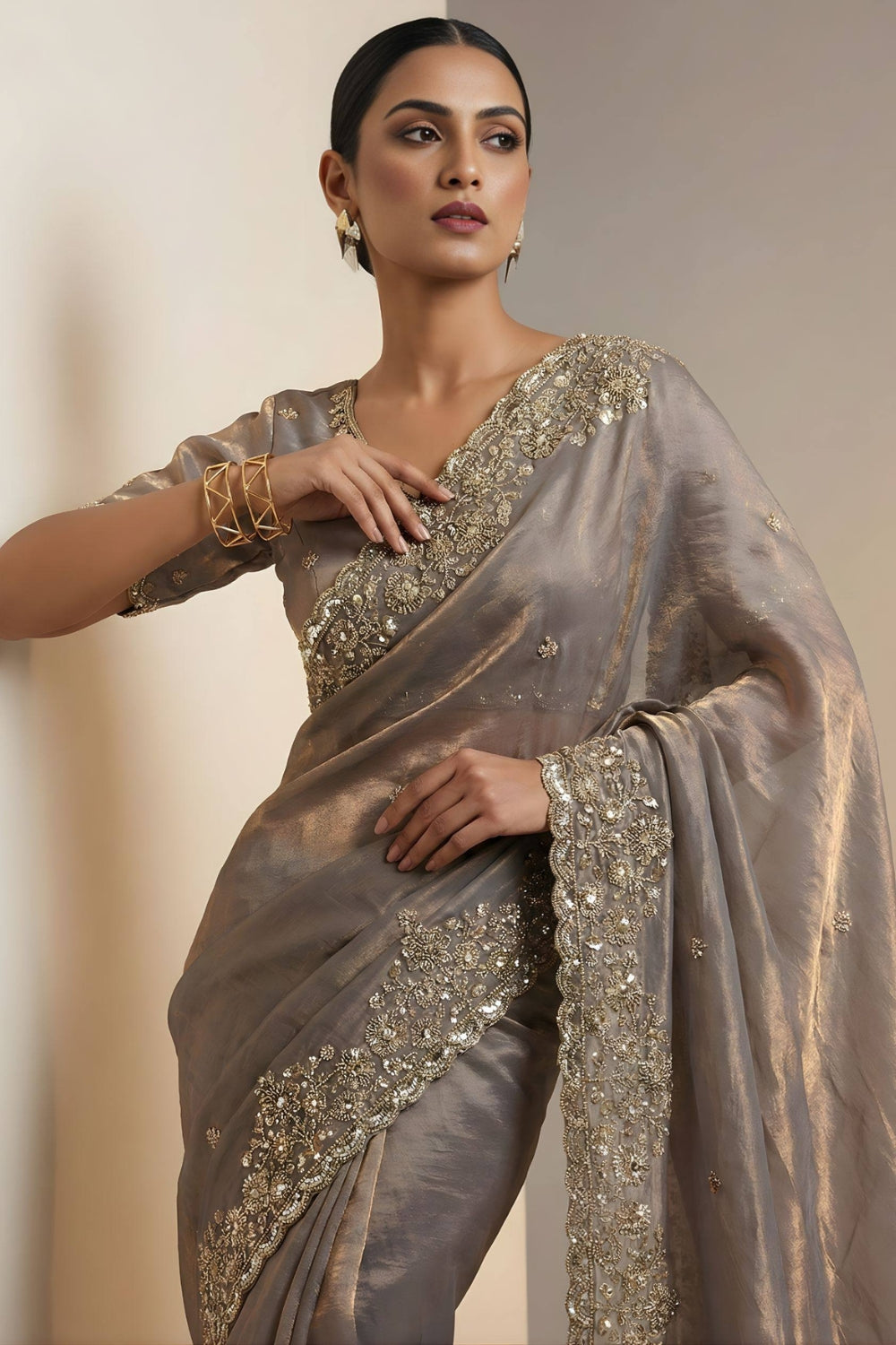 Satin Silk Embroidery and Sequins Work Saree