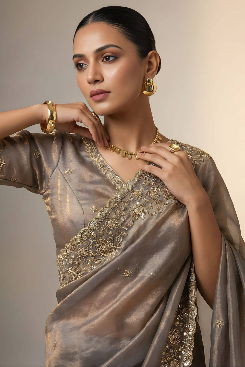 Satin Silk Embroidery and Sequins Work Saree