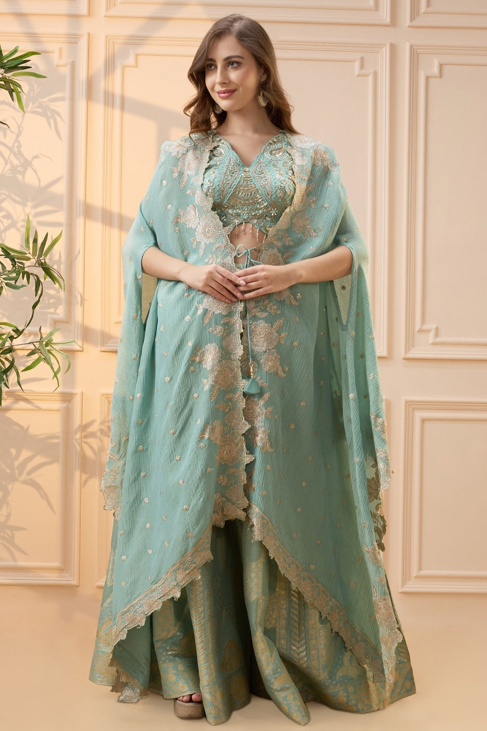 Sea Blue Silk Palazzo Set with Cutdana and Moti Work