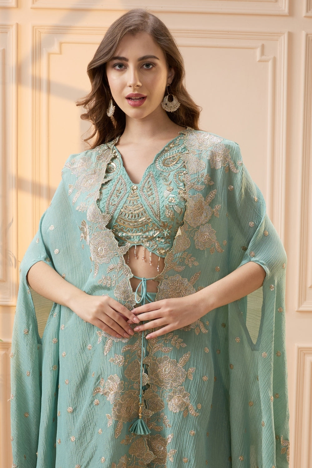 Sea Blue Silk Palazzo Set with Cutdana and Moti Work