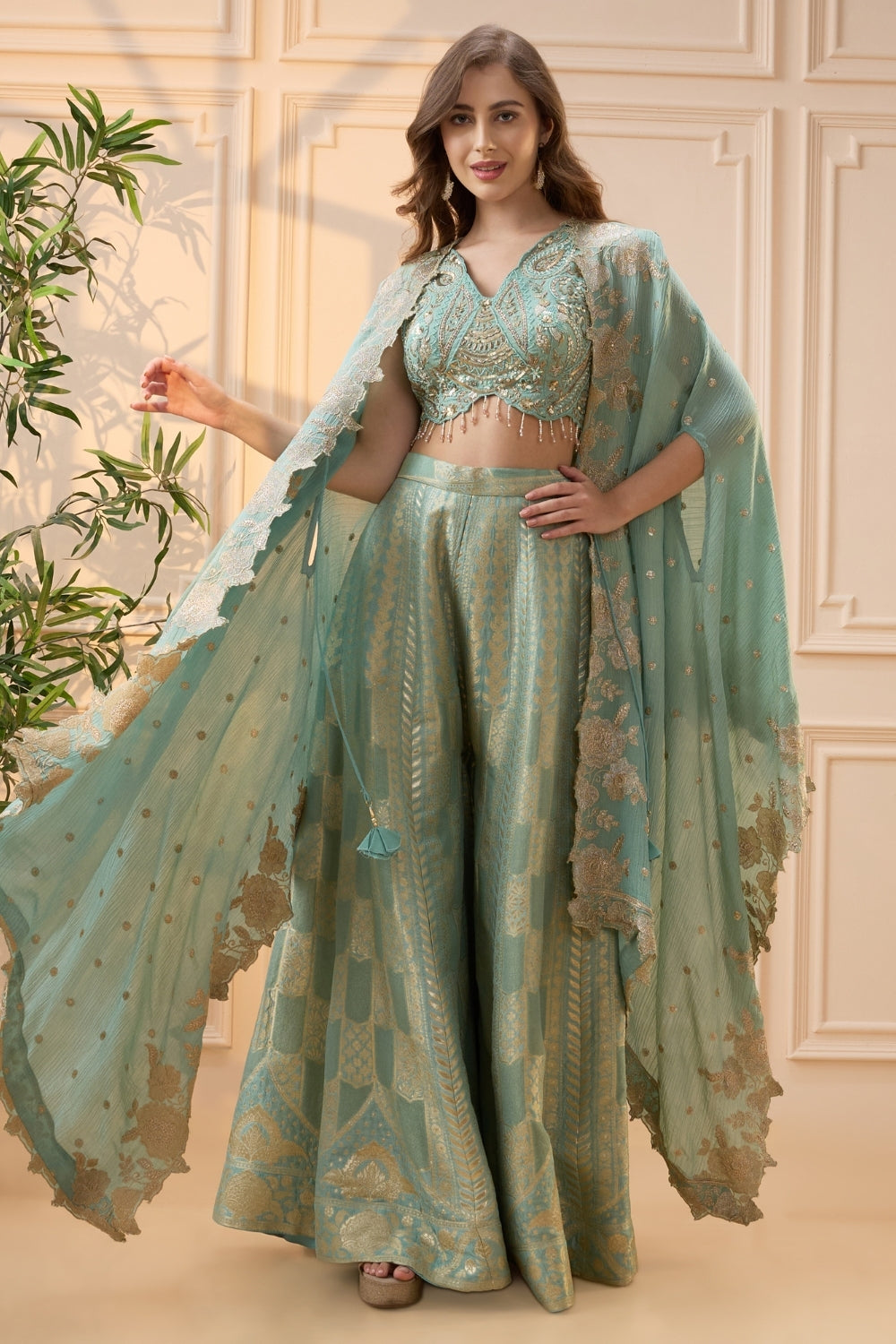 Sea Blue Silk Palazzo Set with Cutdana and Moti Work