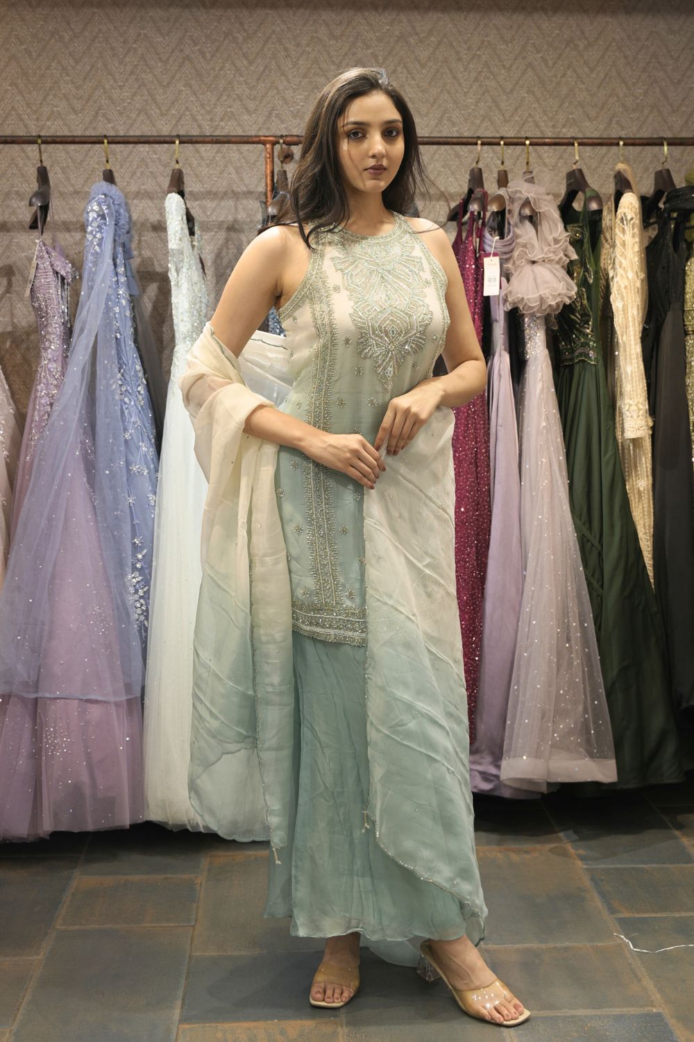 Sea Green Organza Indo Western with Pearl and Cutdana Work