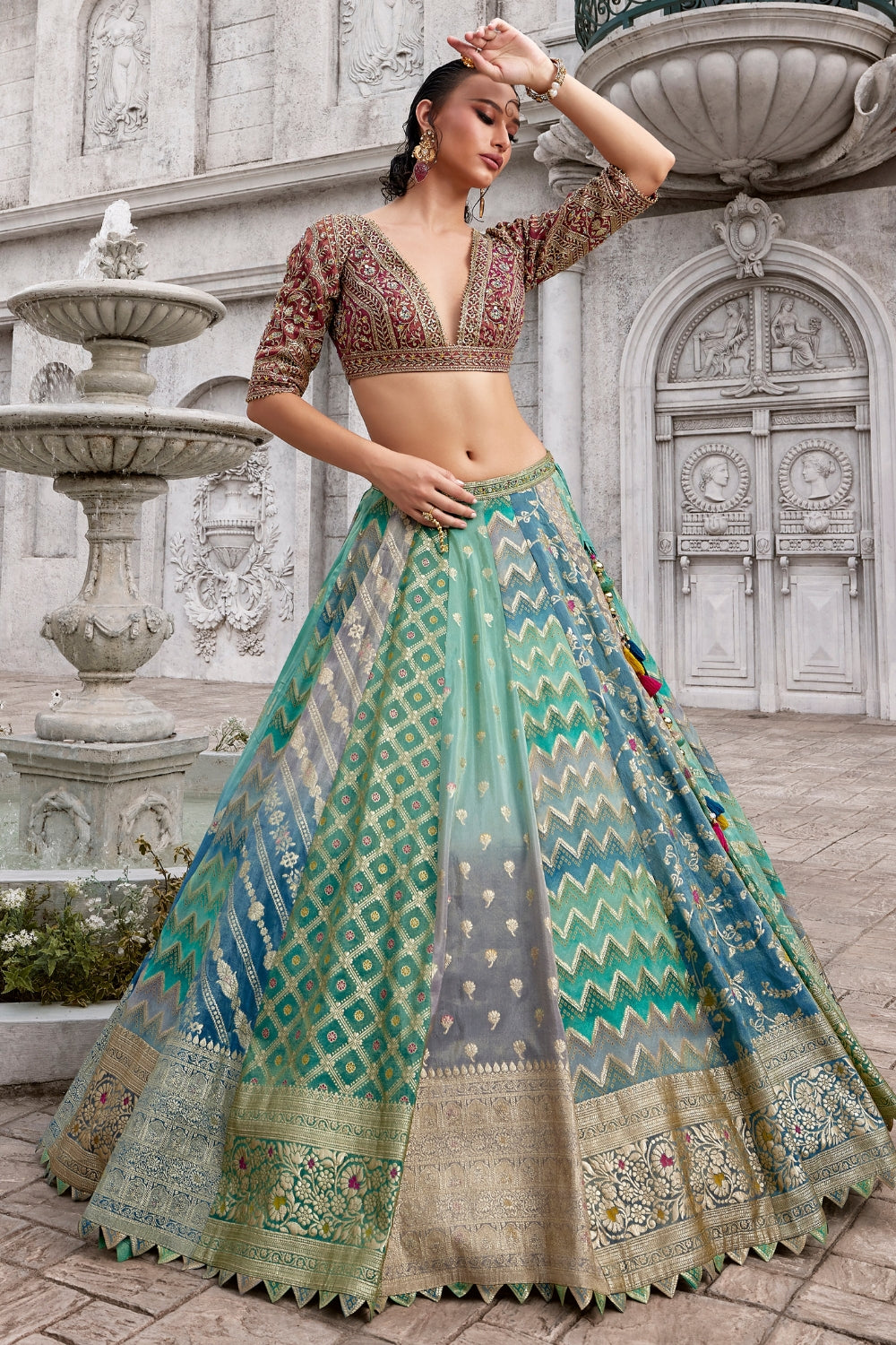 Sea Green Silk Lehenga Set with Cutdana and Embroide