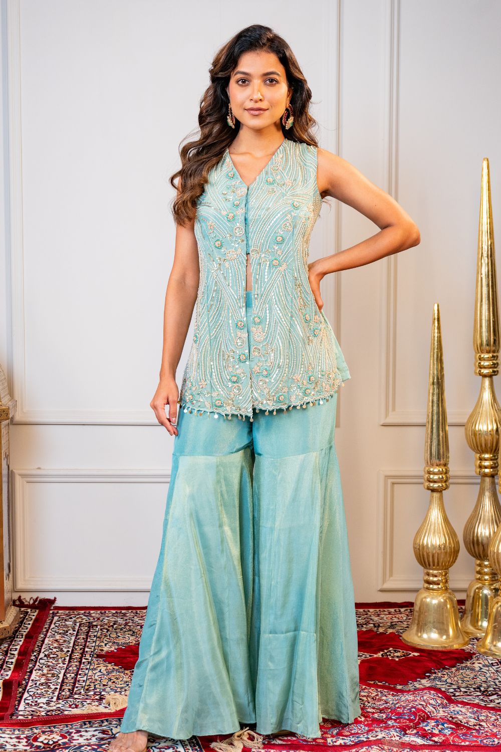 Sea Green Tissue Indo Western with Cutdana and Sequins Work