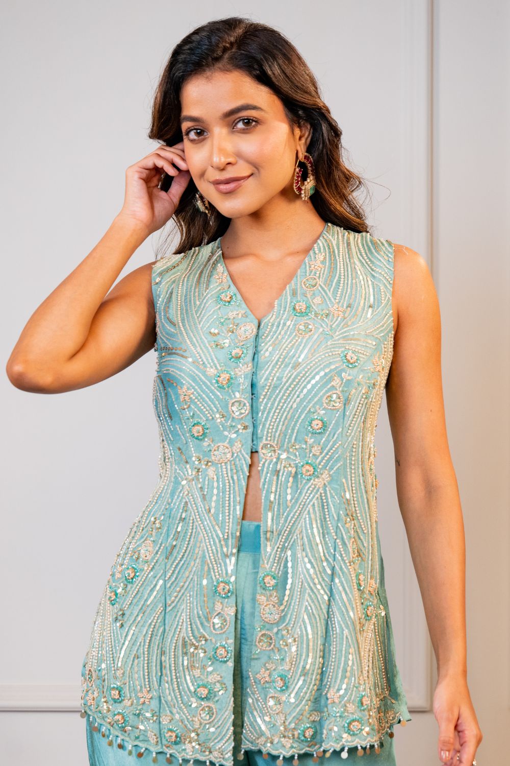 Sea Green Tissue Indo Western with Cutdana and Sequins Work