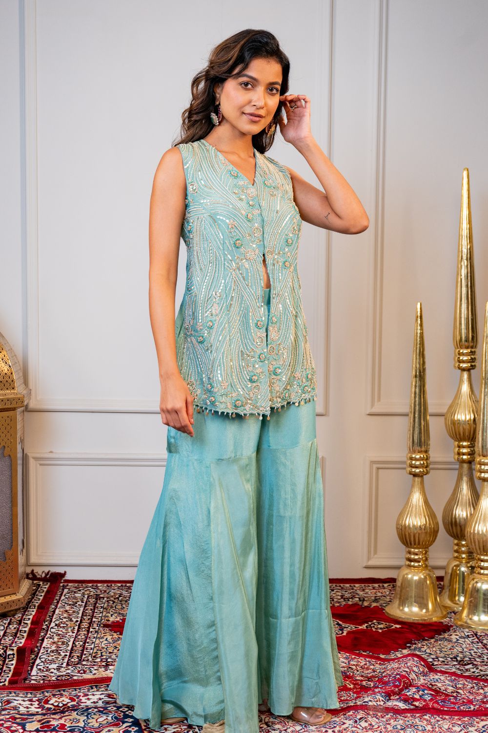 Sea Green Tissue Indo Western with Cutdana and Sequins Work
