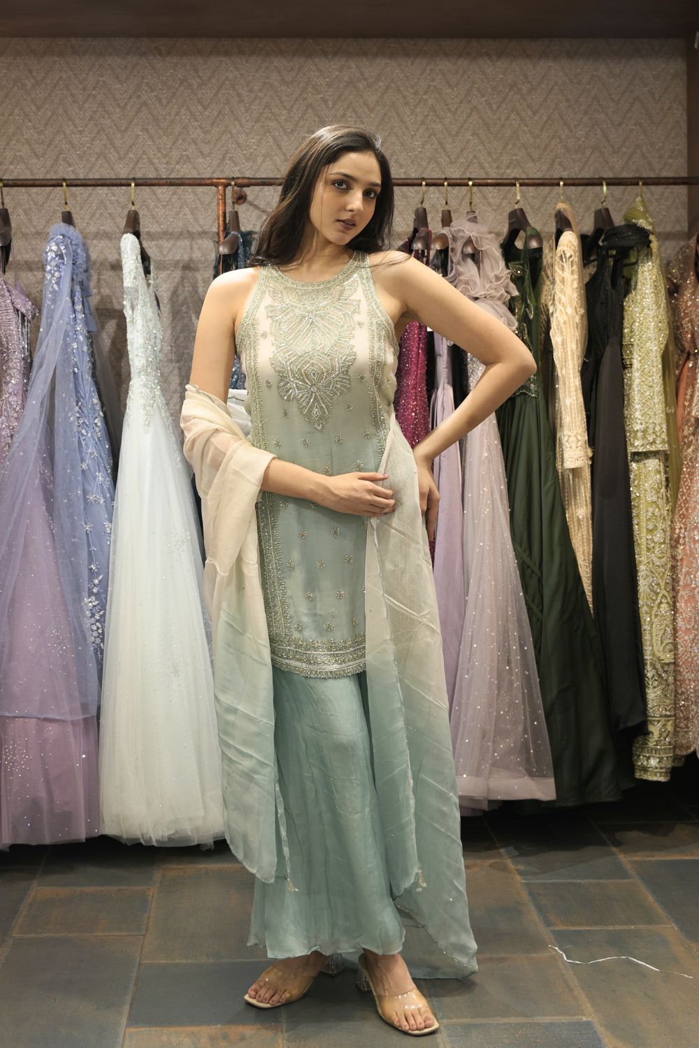 Sea Green Organza Indo Western with Pearl and Cutdana Work