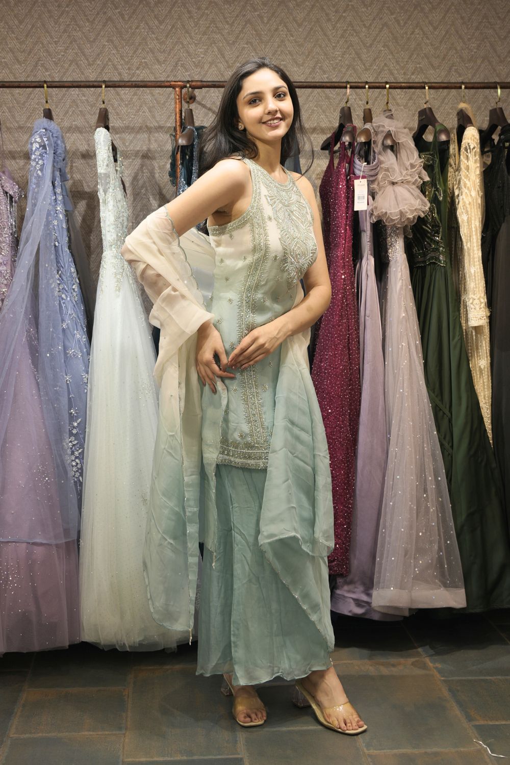 Sea Green Organza Indo Western with Pearl and Cutdana Work