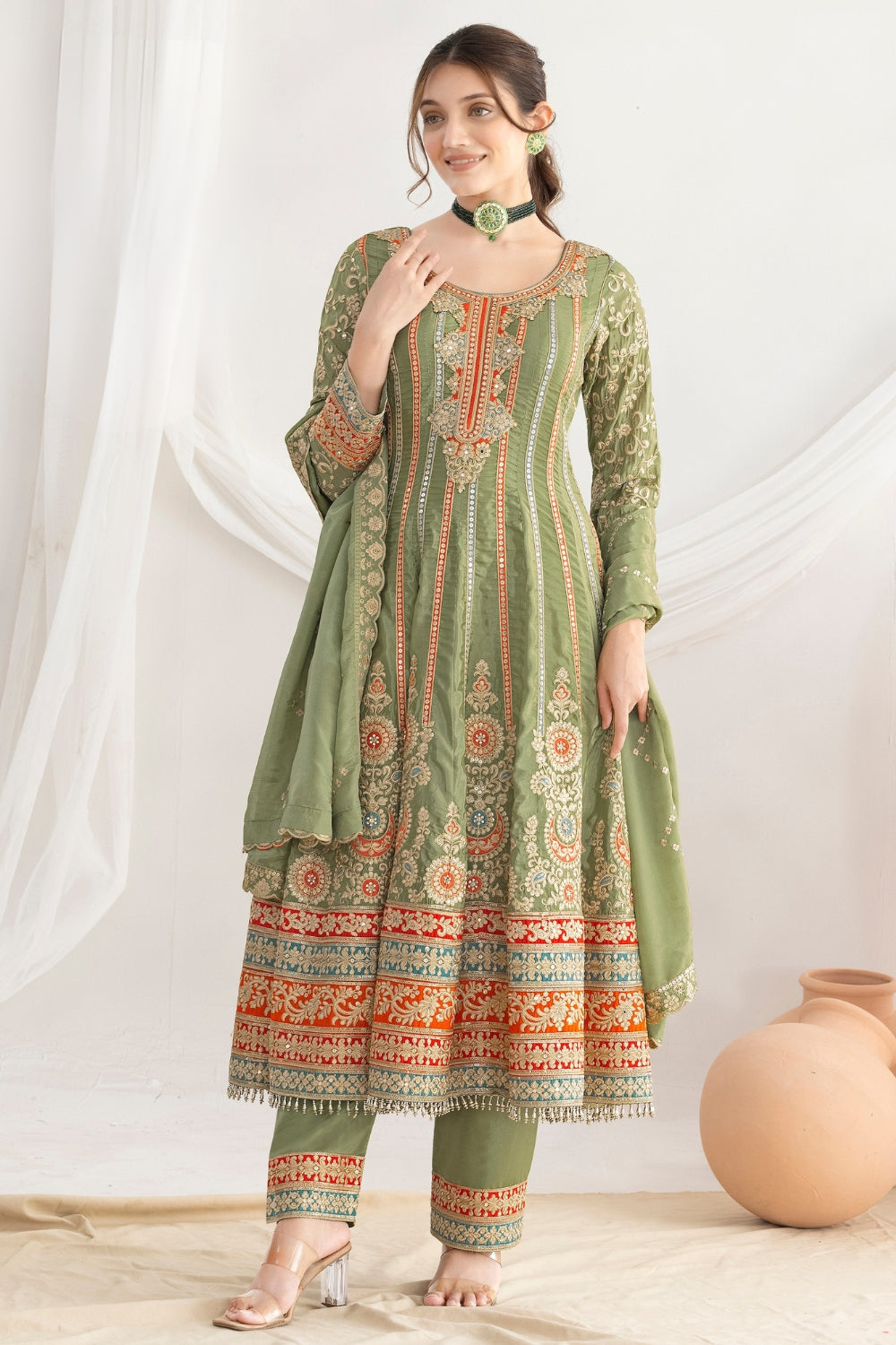 Silk Anarkali Set with Resham Embroidery and Stone Work