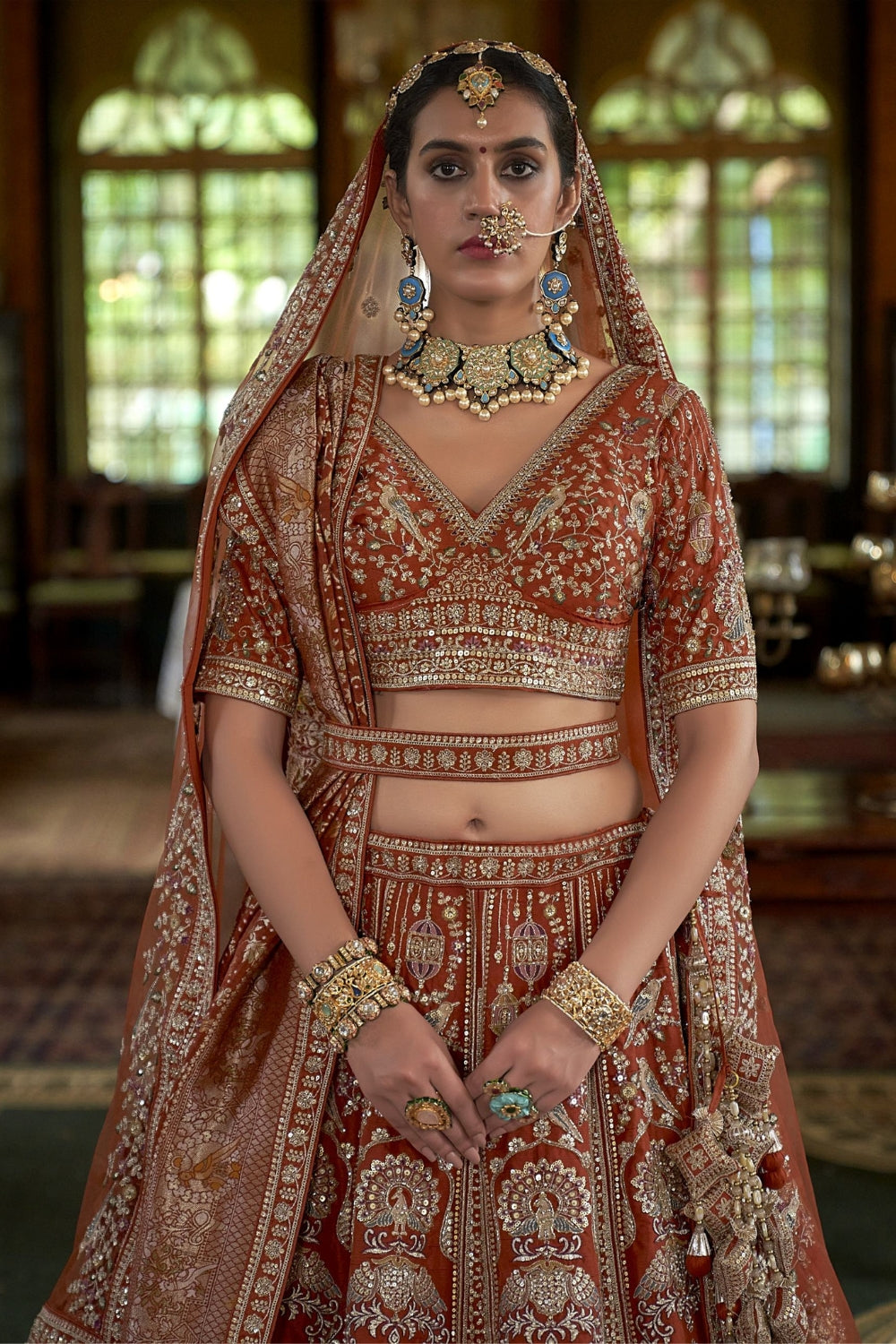 Silk Bridal Lehenga Set with Embroidery and Moti Work