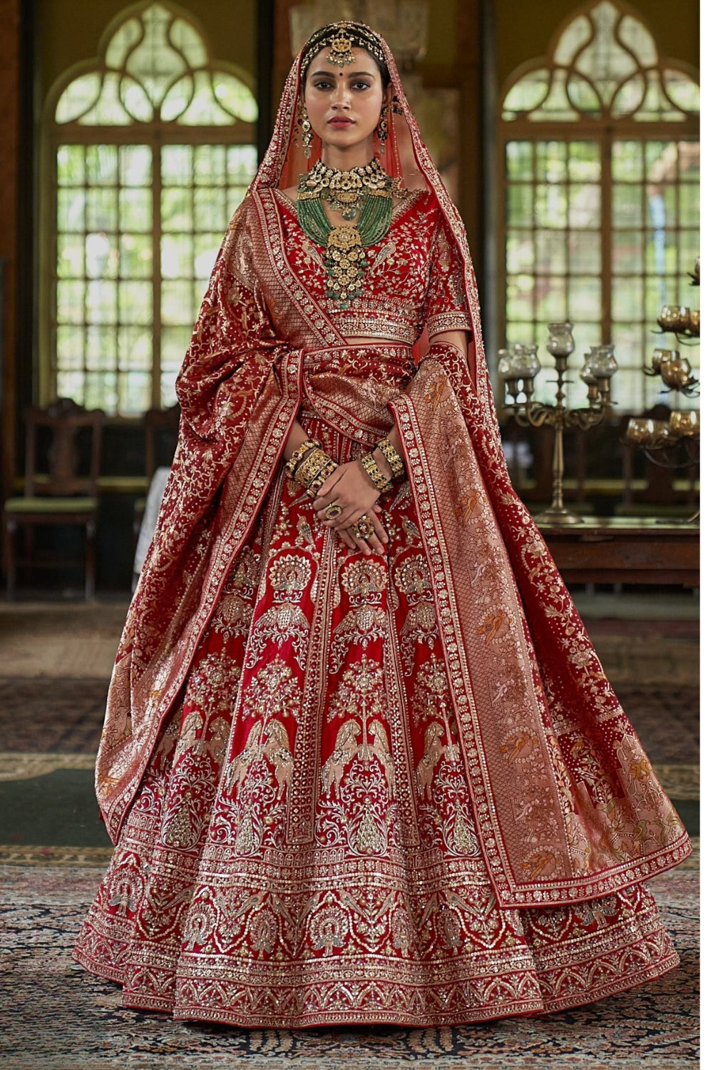 Silk Bridal Lehenga Set with Embroidery and Moti Work
