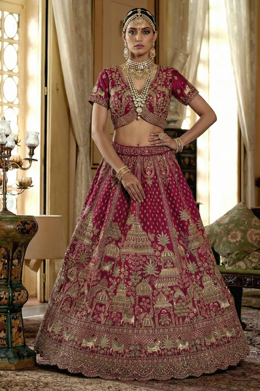 Silk Bridal Lehenga Set with Zardosi and Stone Work