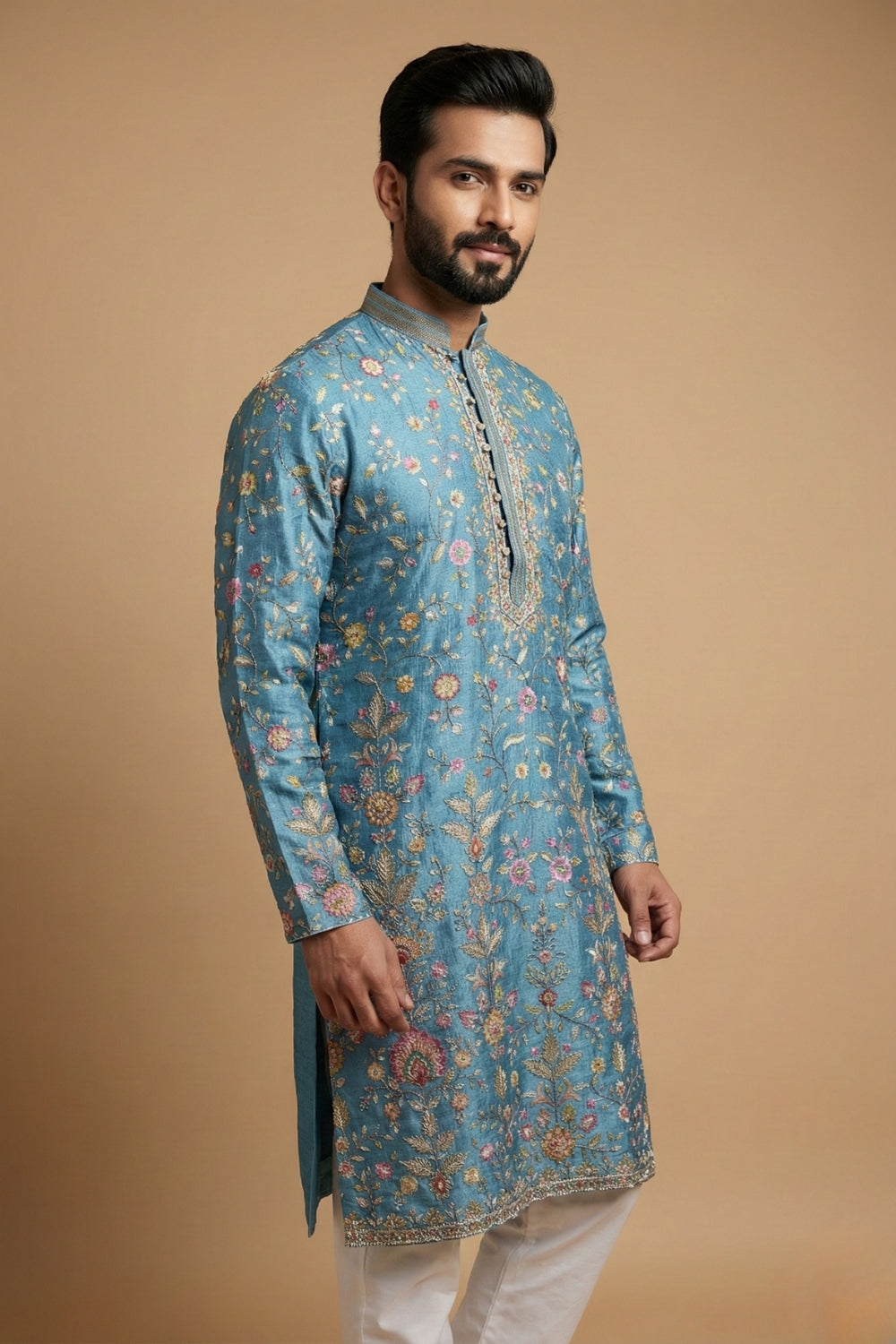 Silk Kurta Set with Embroidery and Sequins Work