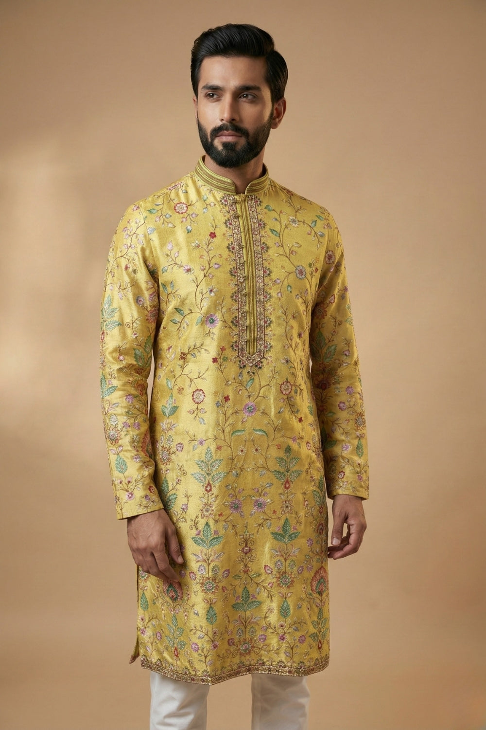 Silk Kurta Set with Embroidery and Sequins Work