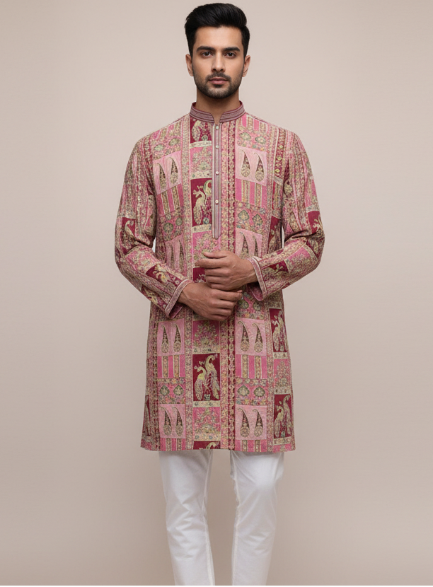 Silk Kurta Set with Resham Embroidery and Sequins Work
