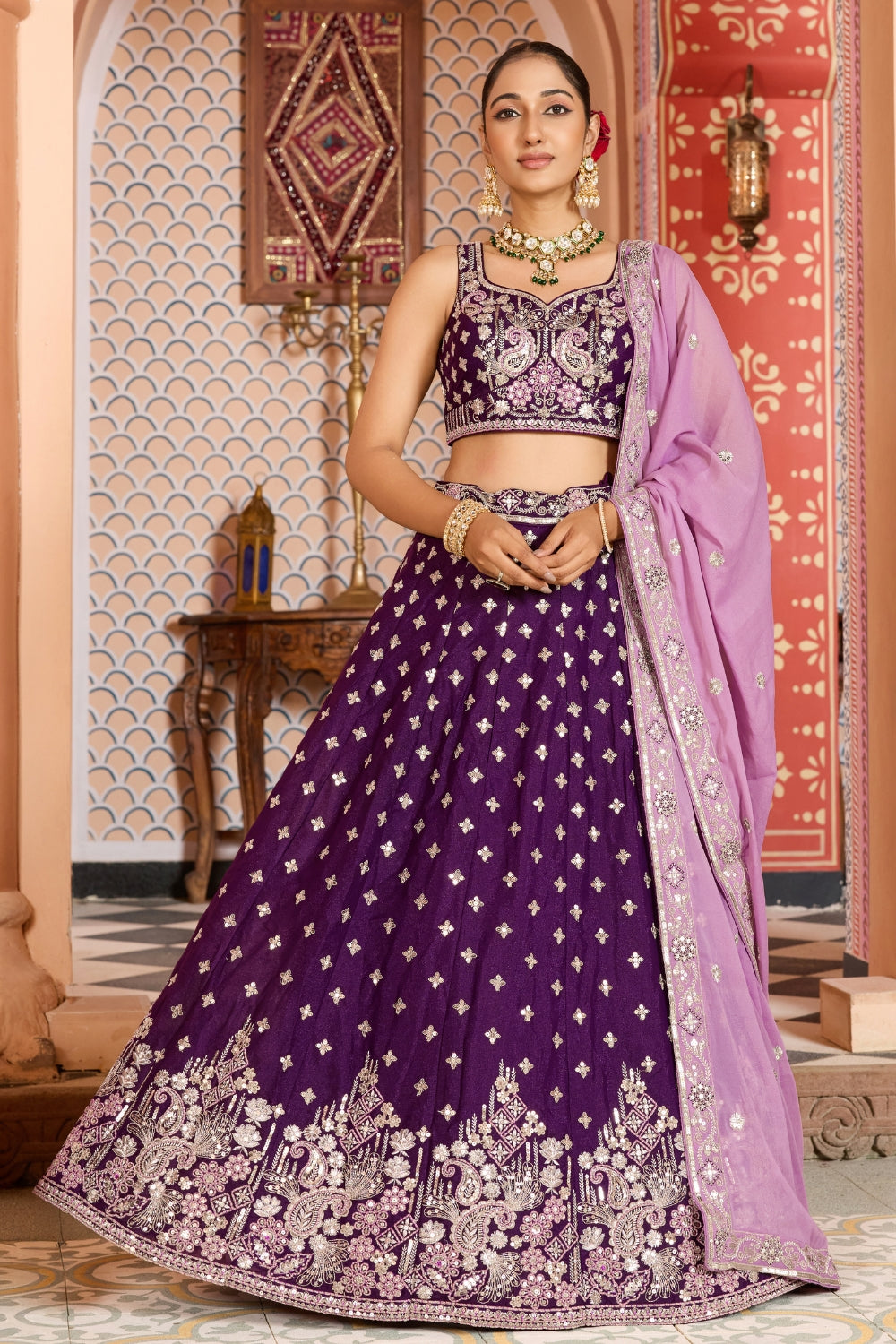 Silk Lehenga Set with Resham Embroidery and Sequins Work