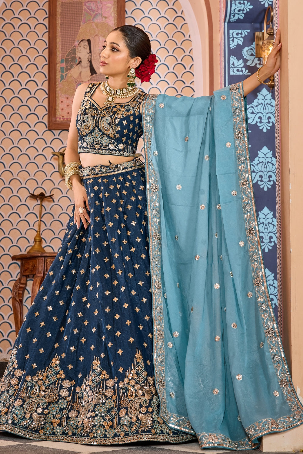 Silk Lehenga Set with Resham Embroidery and Sequins Work