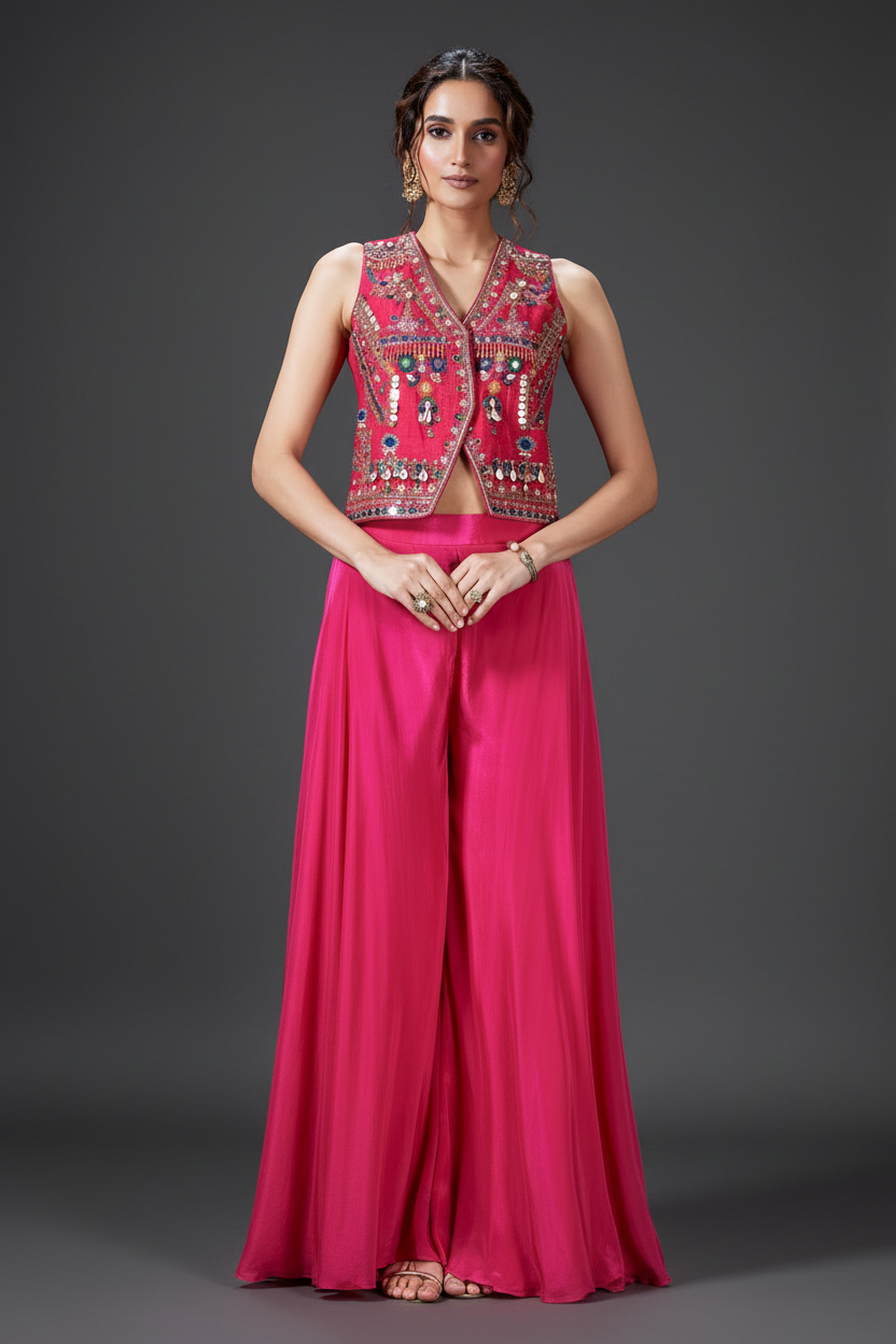 Silk Palazzo Set with Moti and Beads Work