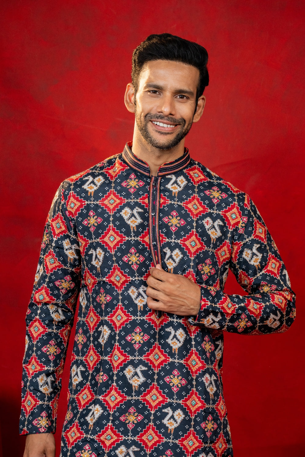 Silk Patola Kurta Set with Sequins and Embroidery Work