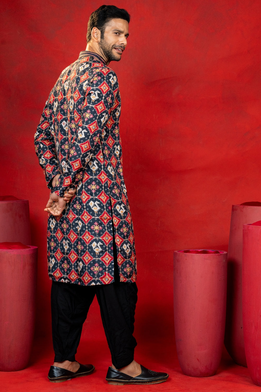Silk Patola Kurta Set with Sequins and Embroidery Work
