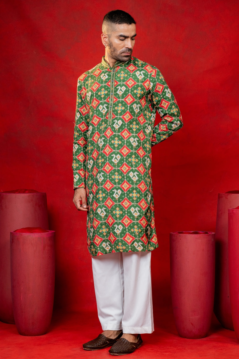 Silk Patola Kurta Set with Sequins and Embroidery Work