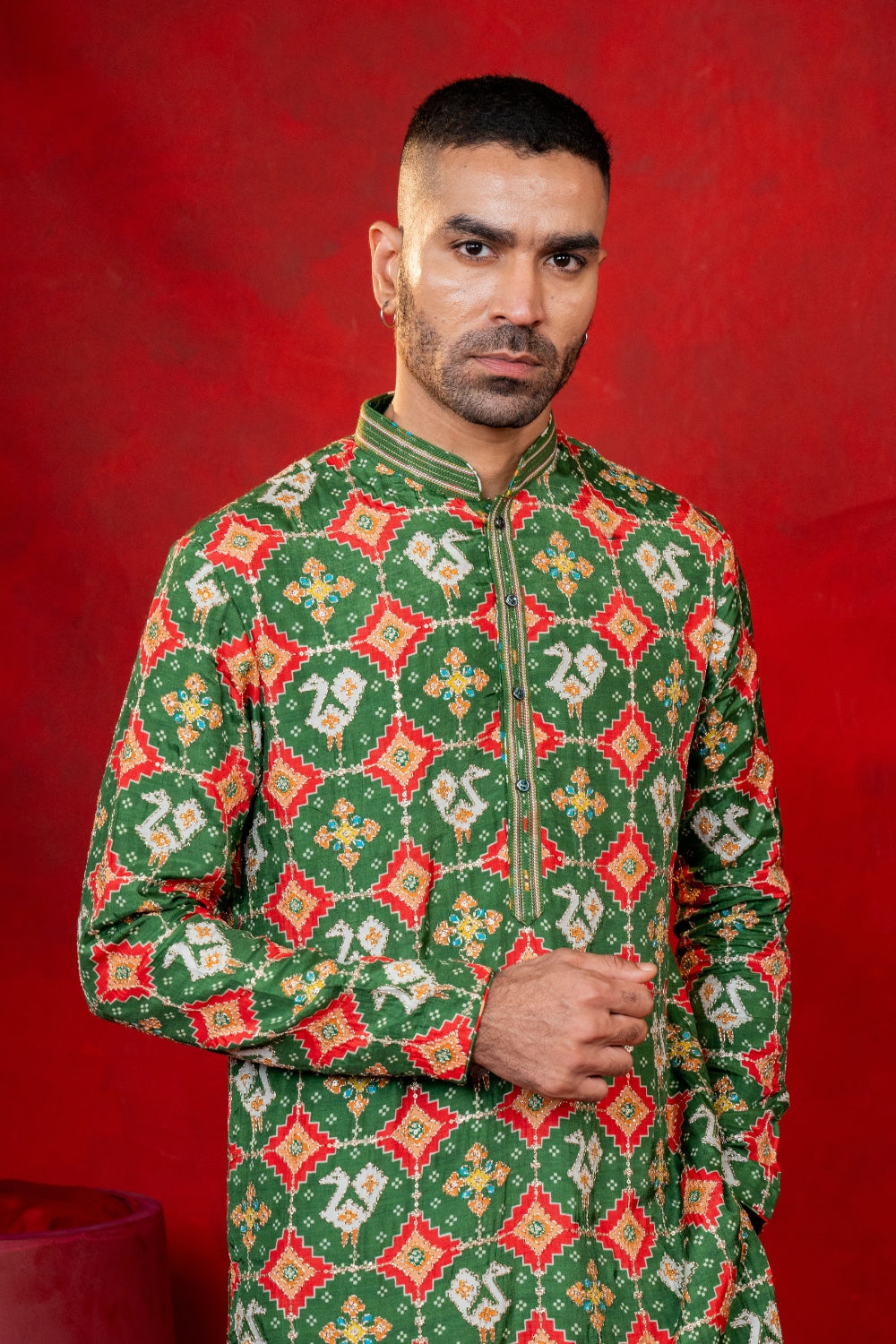 Silk Patola Kurta Set with Sequins and Embroidery Work