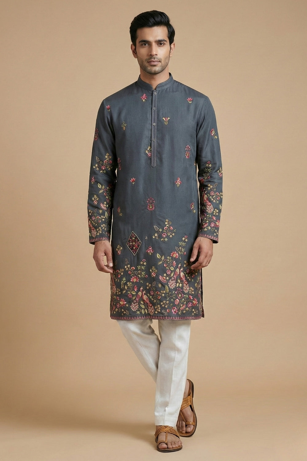 Silk Kurta Set with Resham Embroidery and Sequins Work