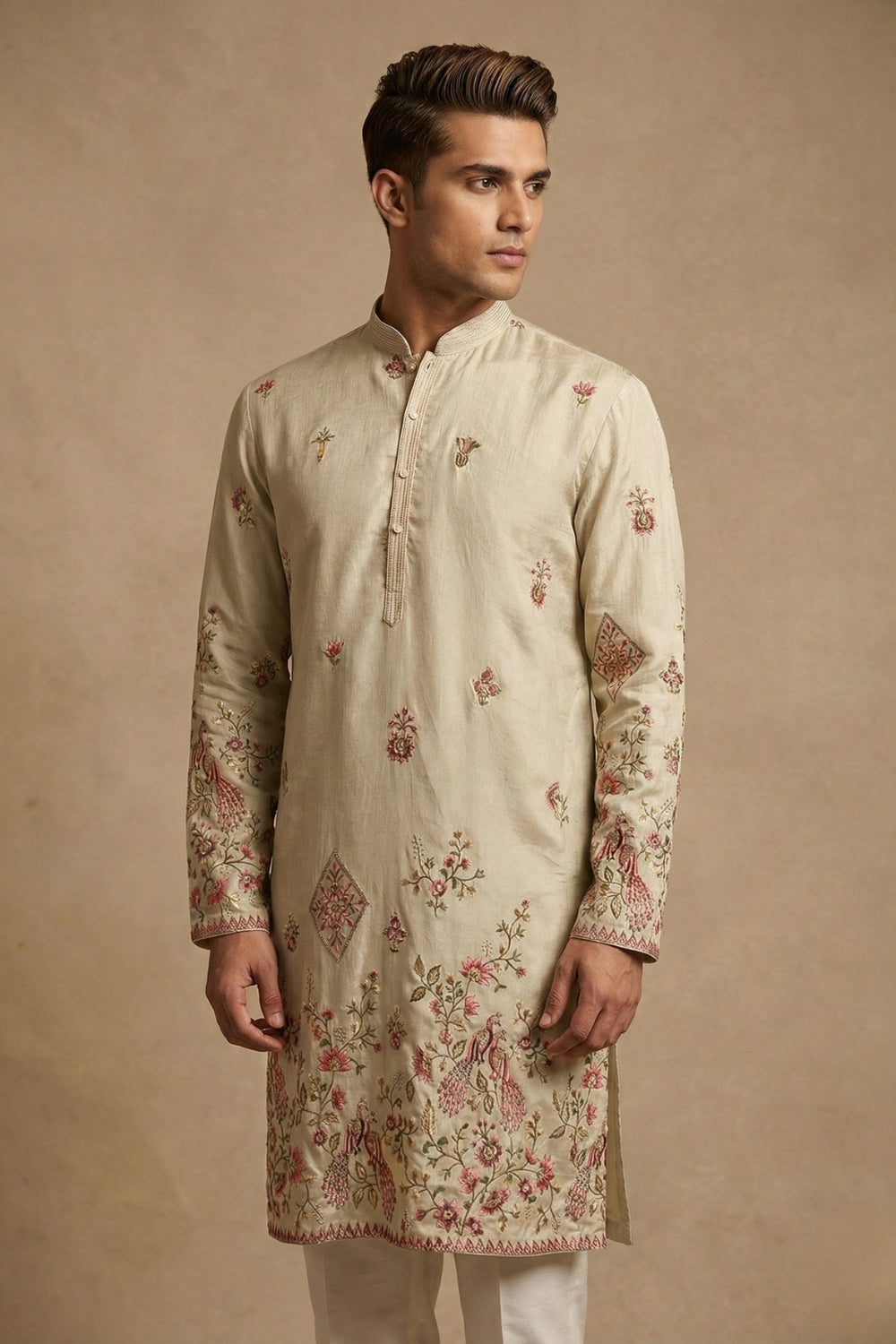 Silk Kurta Set with Resham Embroidery and Sequins Work