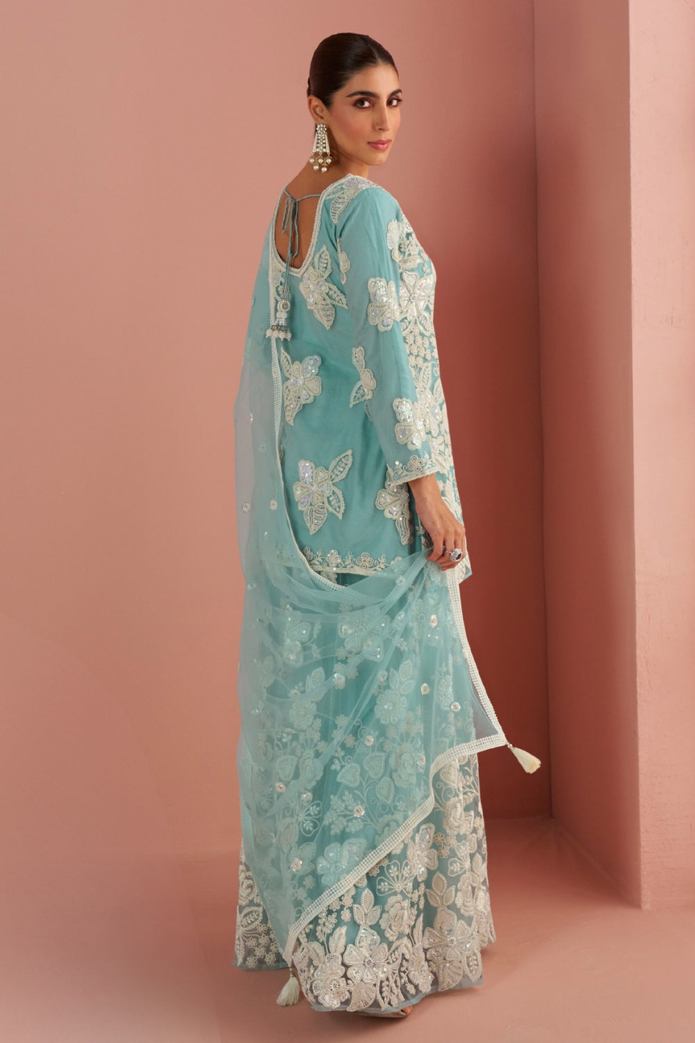 Sky Blue Net Palazzo Set with Cutdana and Sequins Work