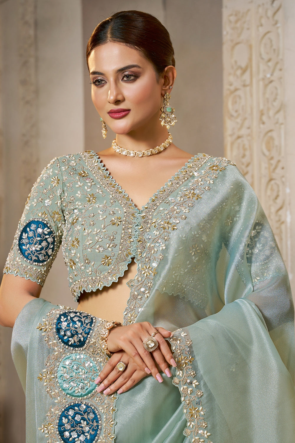 Sky Blue Organza Tissue Saree with Moti and Stone Work