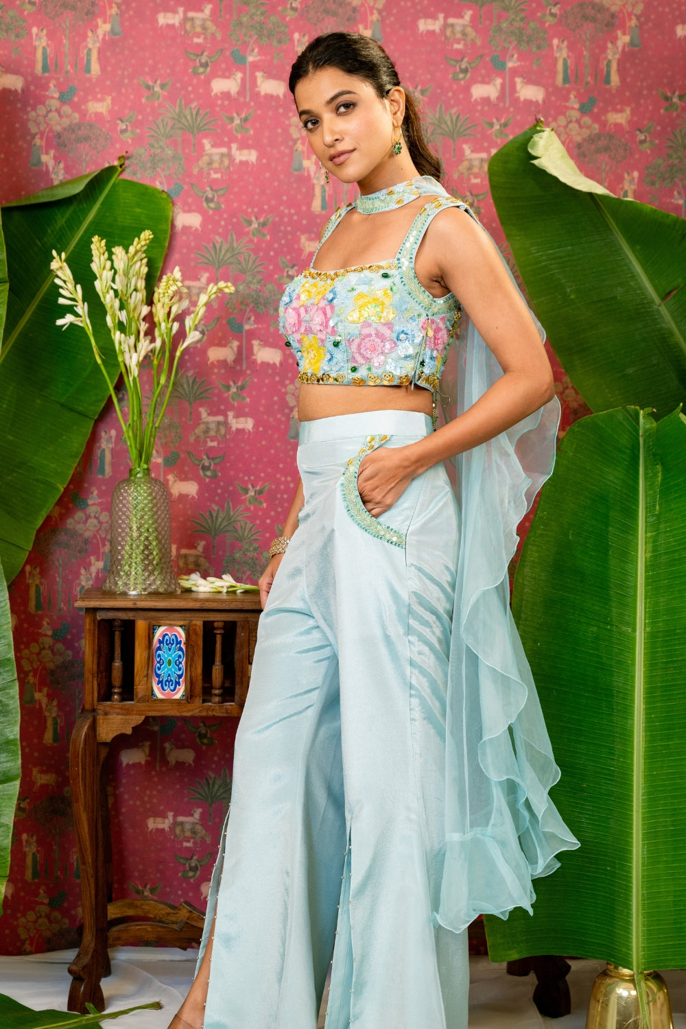 Sky Blue Silk Indo Western with Moti and Cutdana Work