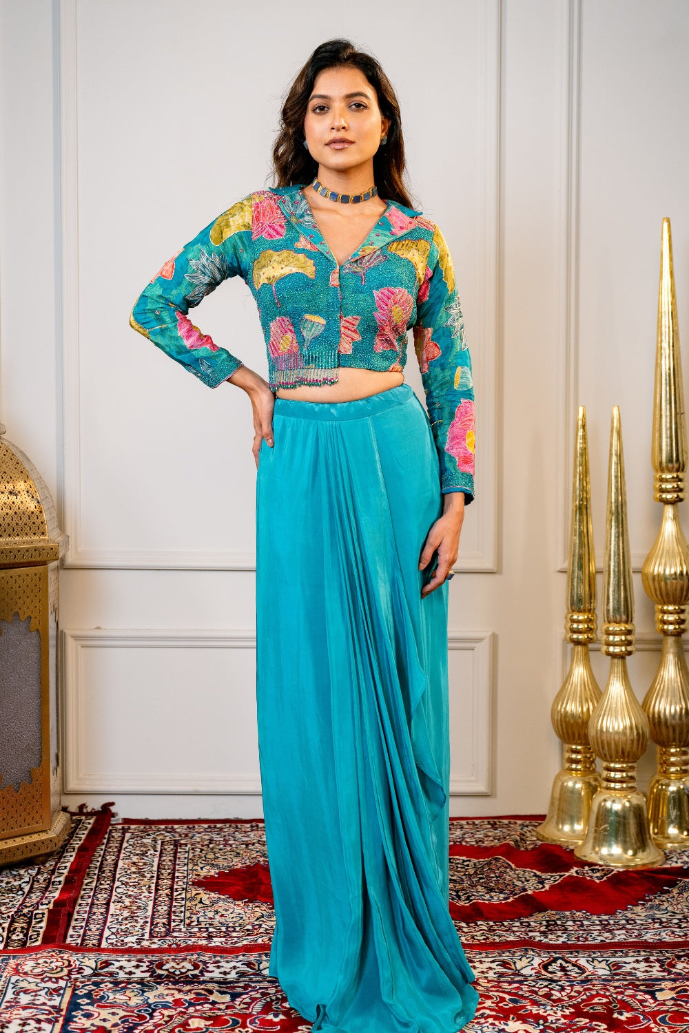 Sky Blue Silk Indo Western with Moti and Sequins Work