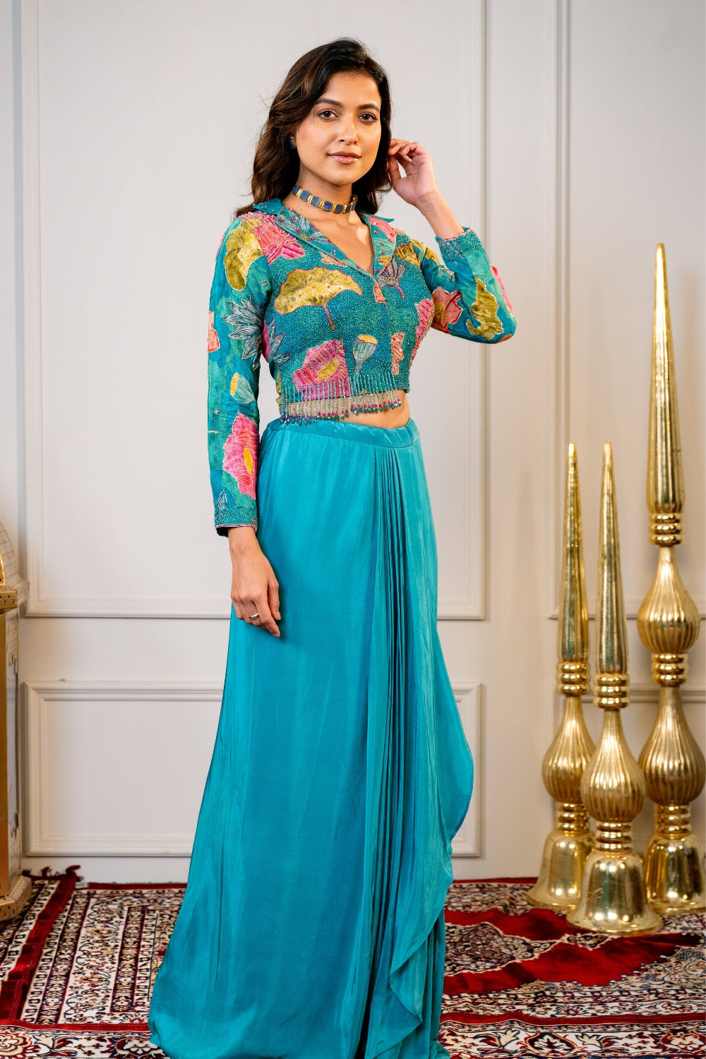 Sky Blue Silk Indo Western with Moti and Sequins Work