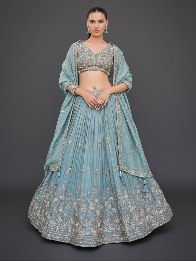 Sky Blue Tissue Lehenga Set with Zardosi and Moti Work