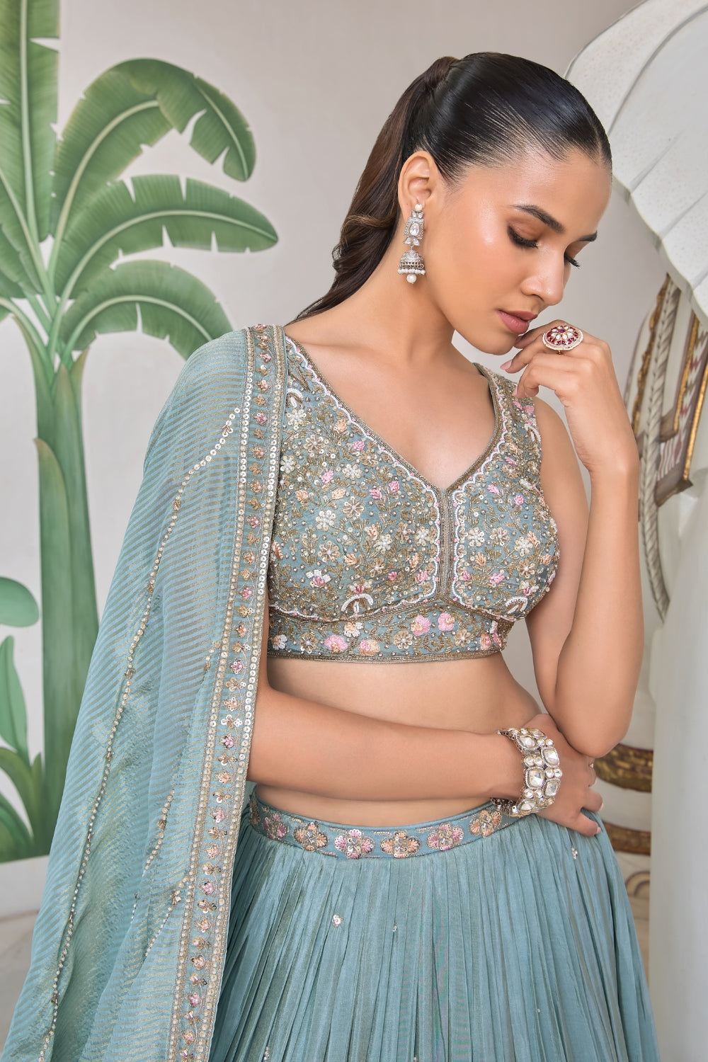 Sky Blue Tissue Lehenga Set with Zardosi and Moti Work