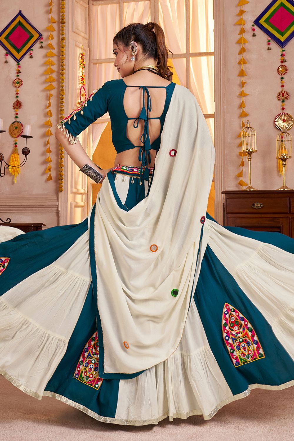 TEAL BLUE AND WHITE VISCOSE COTTON LEHENGA CHOLI WITH KUTCHI PATCH AND MIRROR WORK