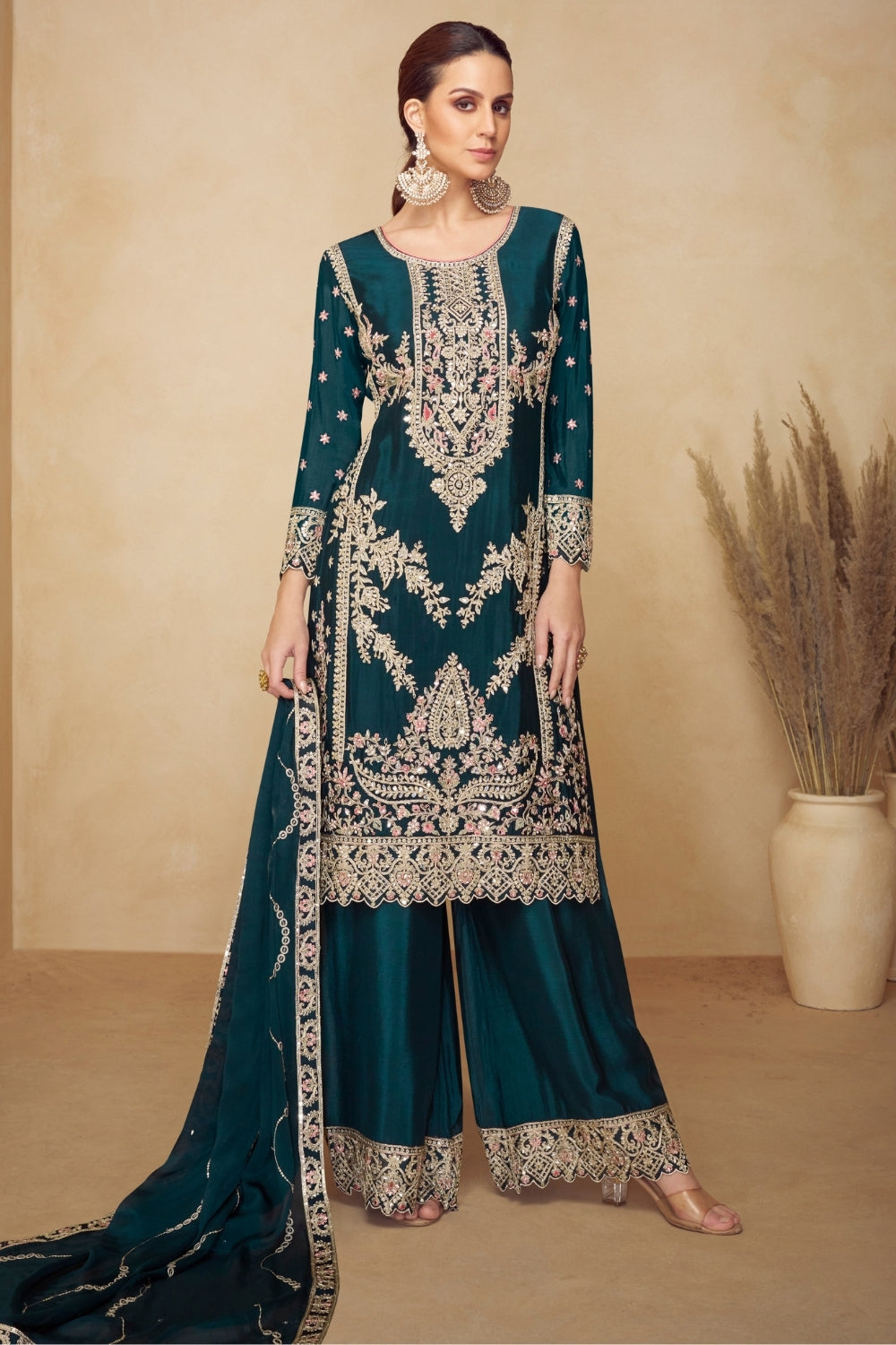 TEAL GREEN CHINON PALAZZO SUIT WITH RESHAM EMBROIDERY AND SEQUINS