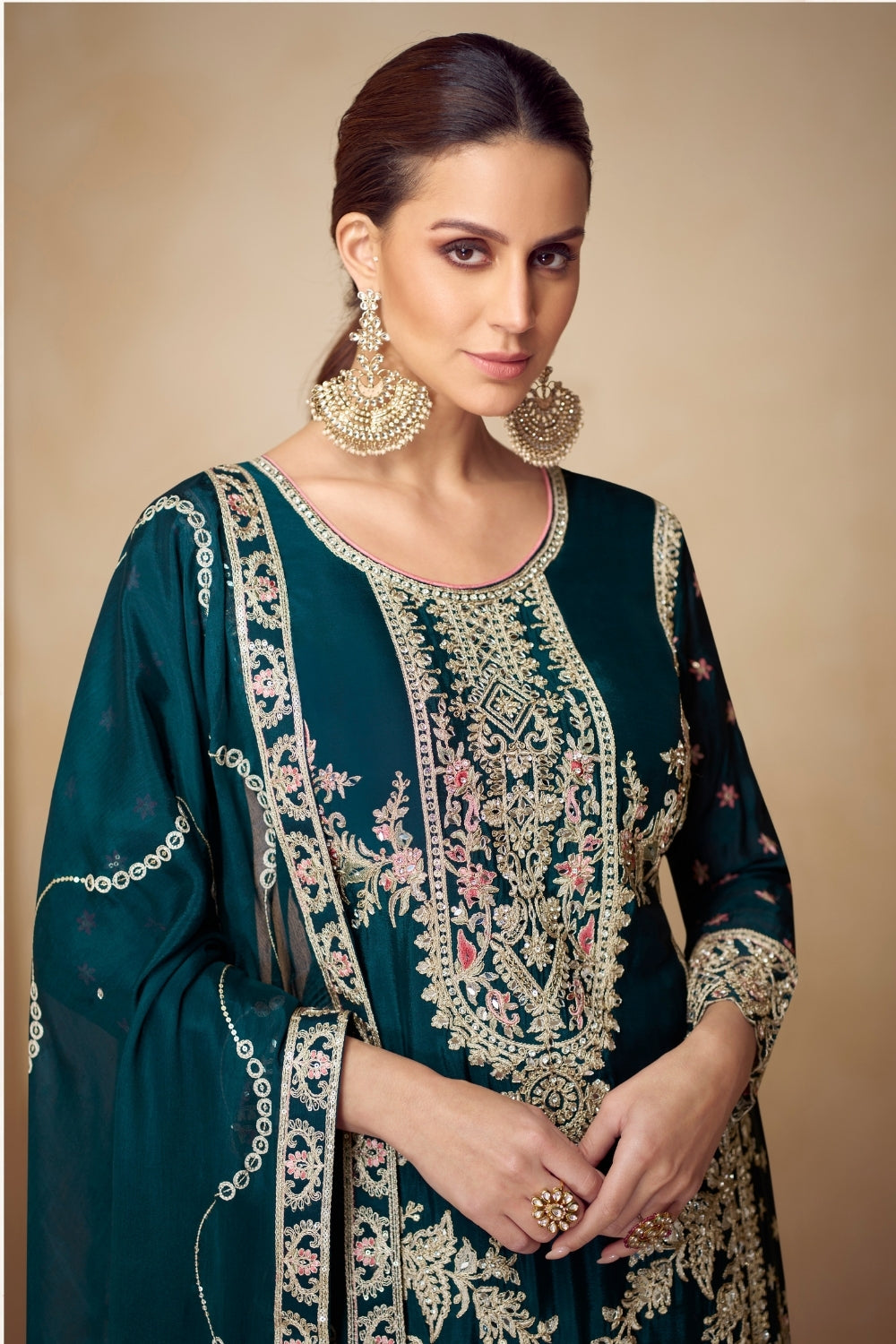 TEAL GREEN CHINON PALAZZO SUIT WITH RESHAM EMBROIDERY AND SEQUINS