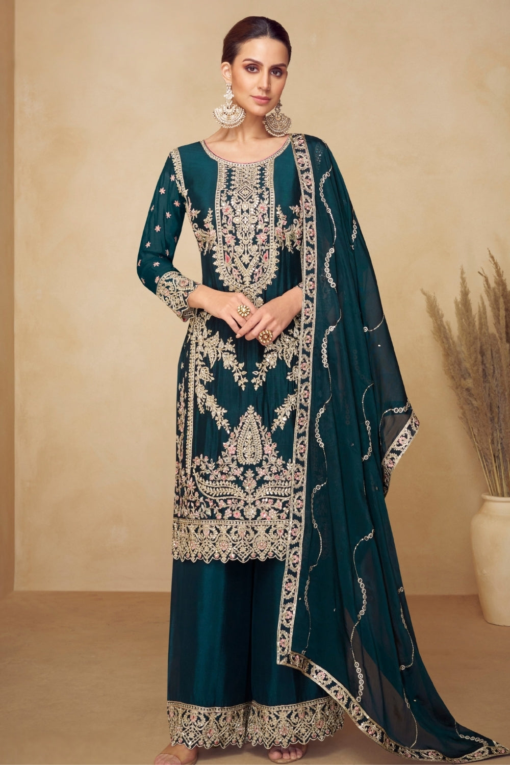 TEAL GREEN CHINON PALAZZO SUIT WITH RESHAM EMBROIDERY AND SEQUINS