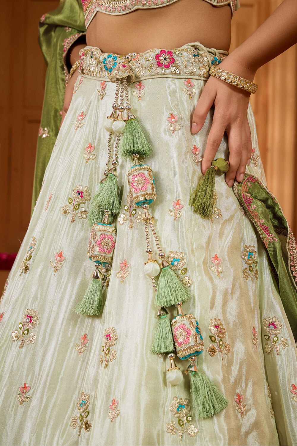 TISSUE LEHENGA CHOLI WITH MOTI AND RESHAM EMBROIDERY