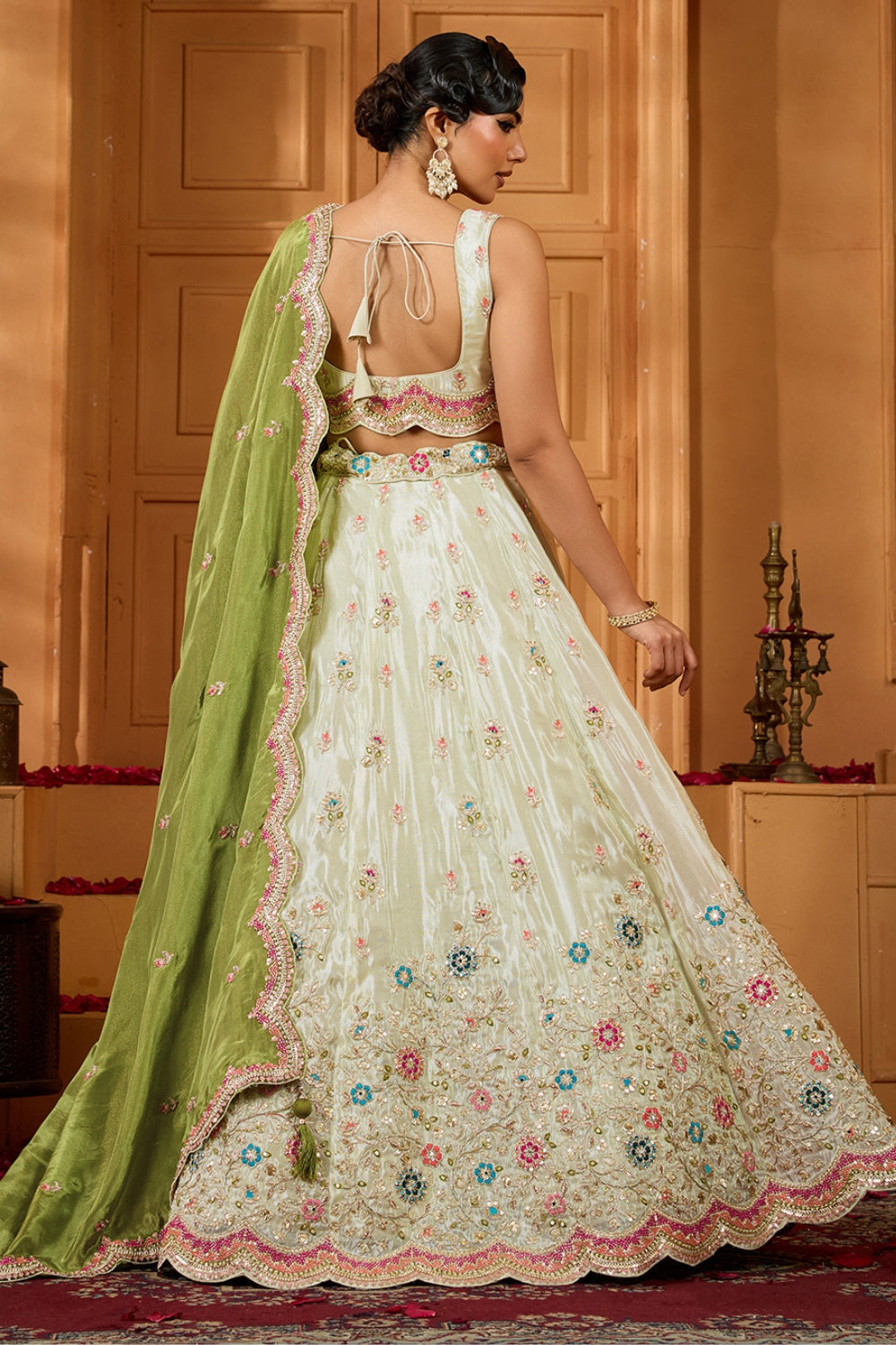 TISSUE LEHENGA CHOLI WITH MOTI AND RESHAM EMBROIDERY
