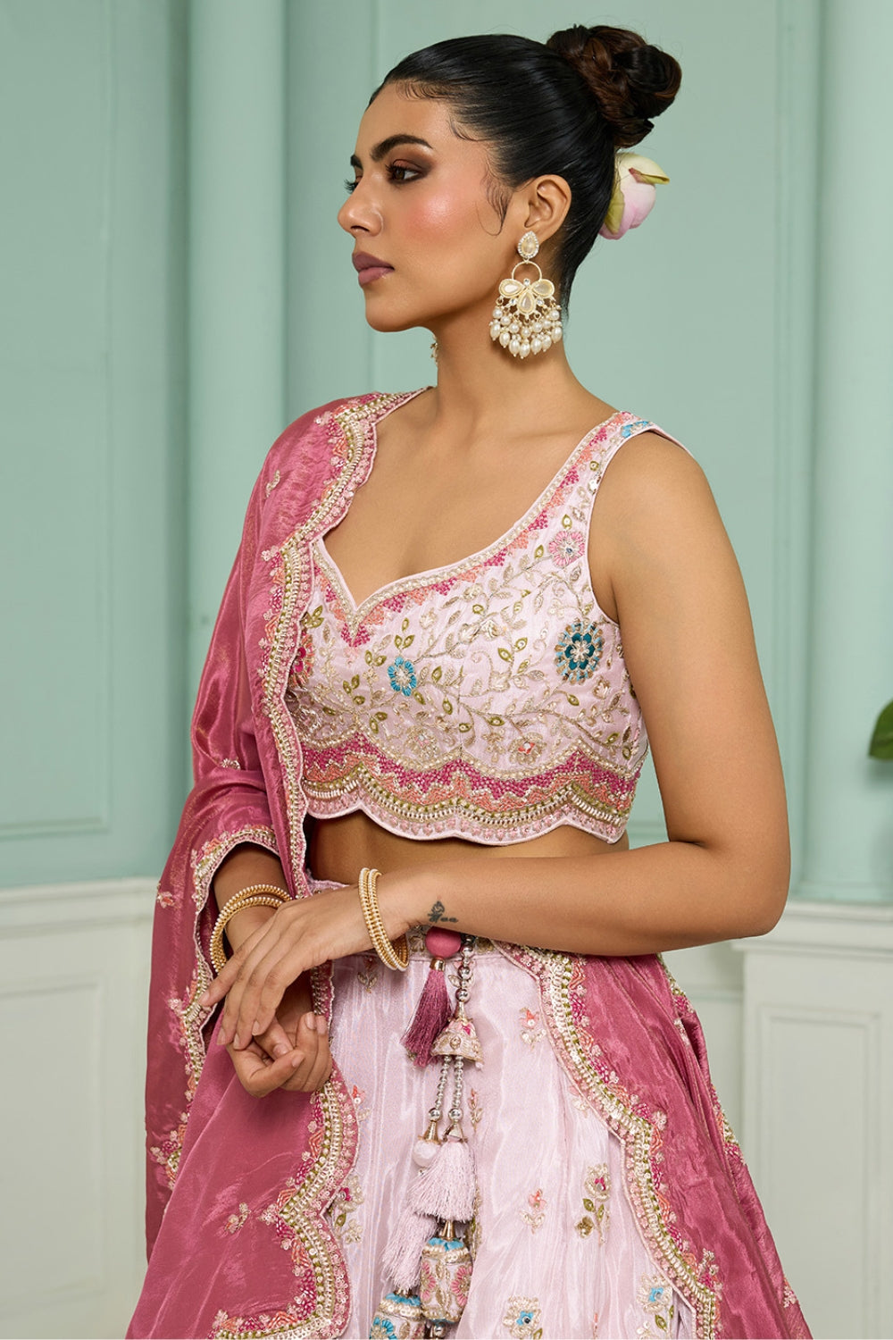 TISSUE LEHENGA CHOLI WITH MOTI AND RESHAM EMBROIDERY