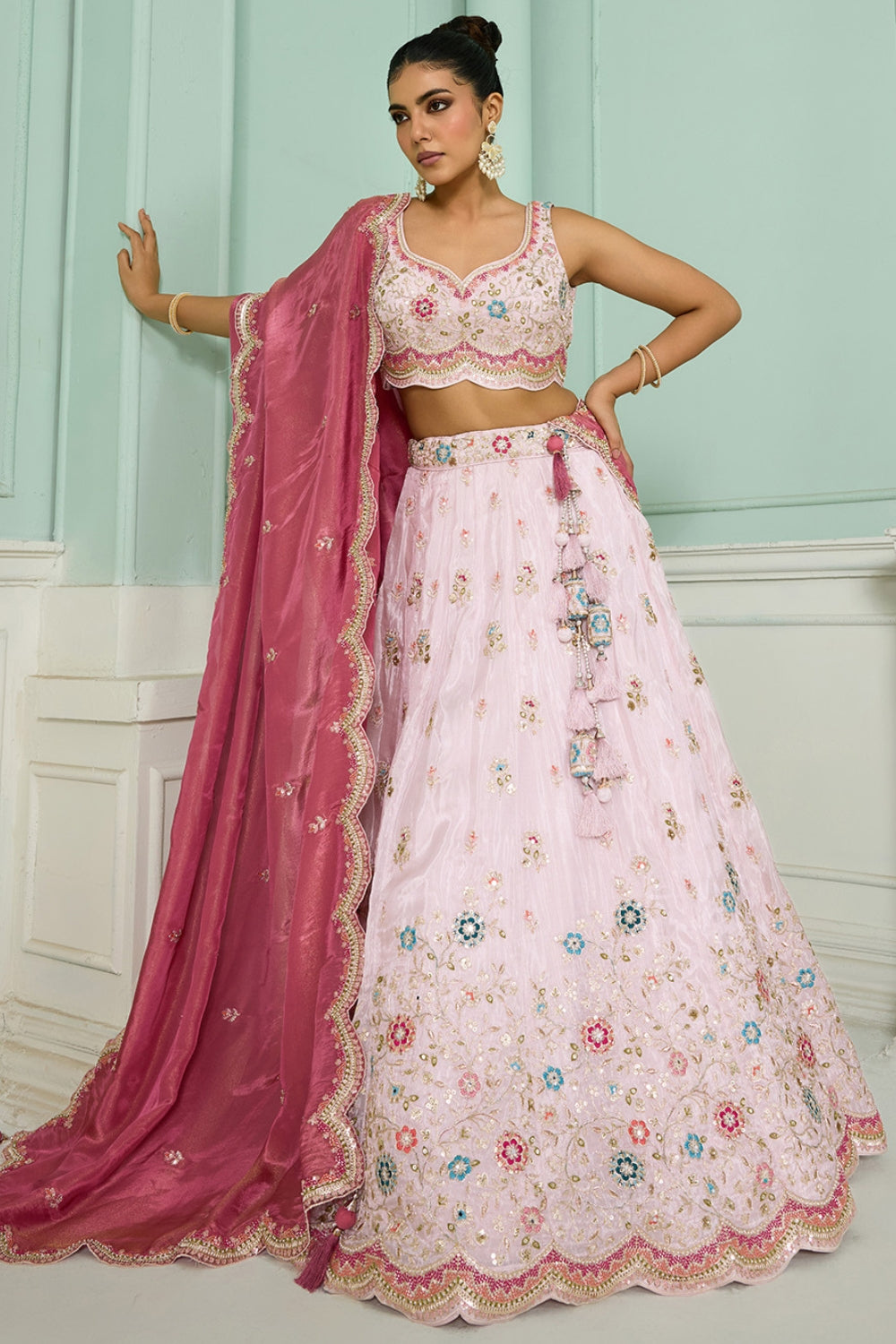 TISSUE LEHENGA CHOLI WITH MOTI AND RESHAM EMBROIDERY