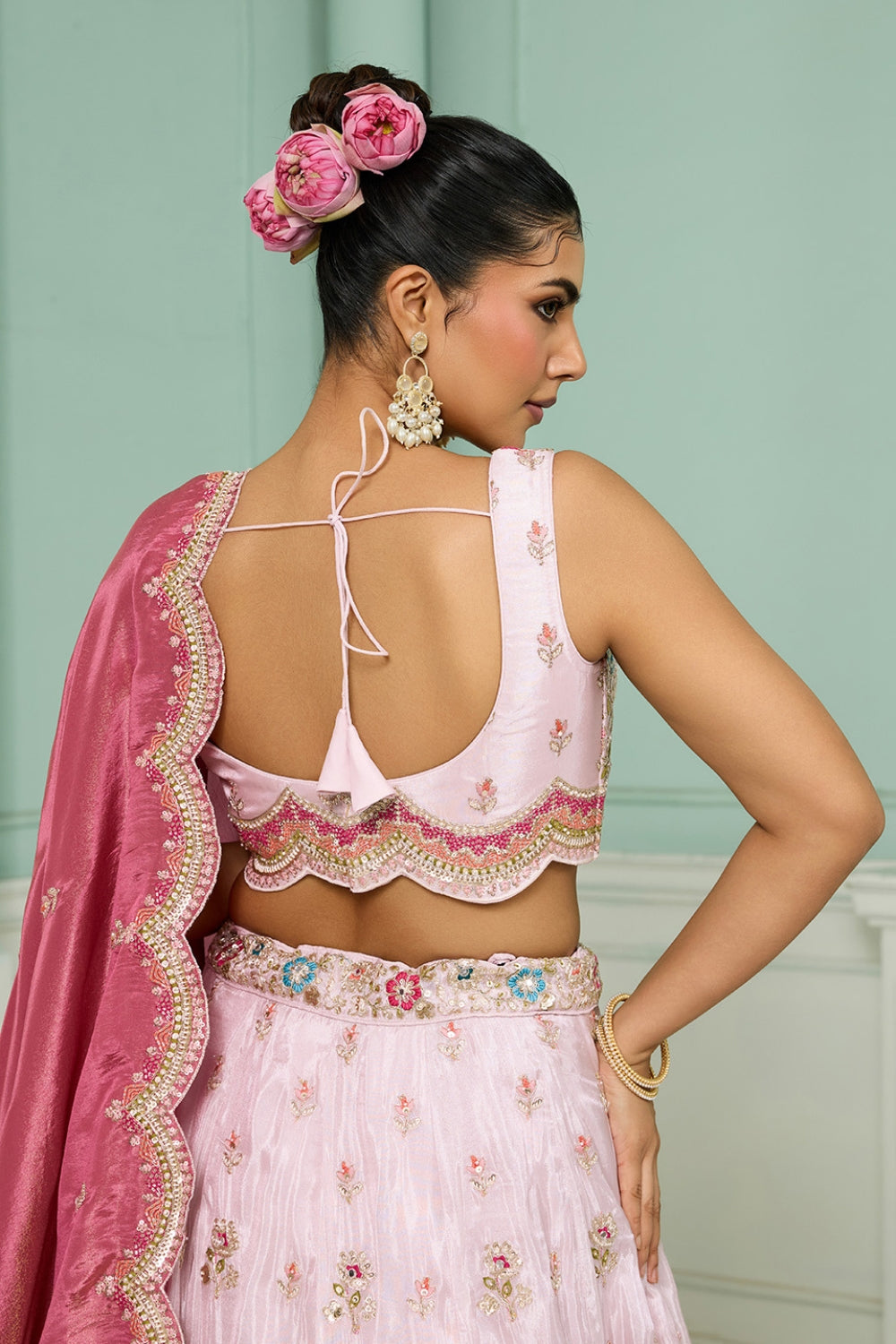TISSUE LEHENGA CHOLI WITH MOTI AND RESHAM EMBROIDERY