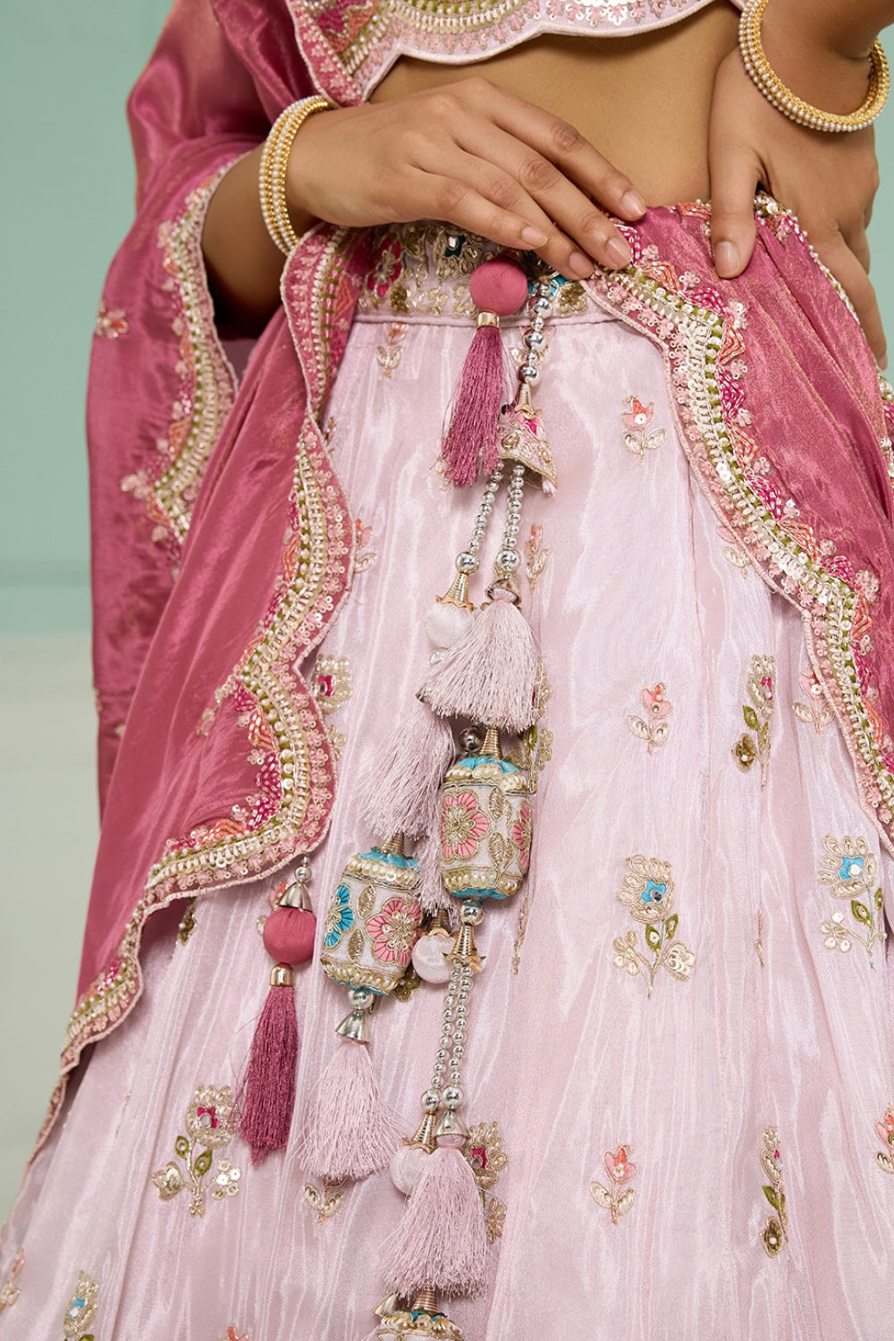 TISSUE LEHENGA CHOLI WITH MOTI AND RESHAM EMBROIDERY