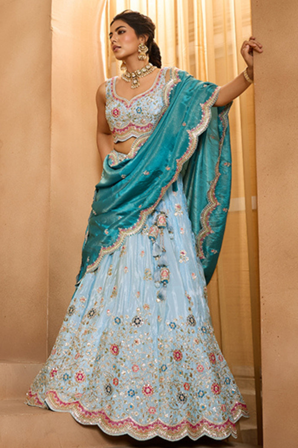 TISSUE LEHENGA CHOLI WITH MOTI AND RESHAM EMBROIDERY