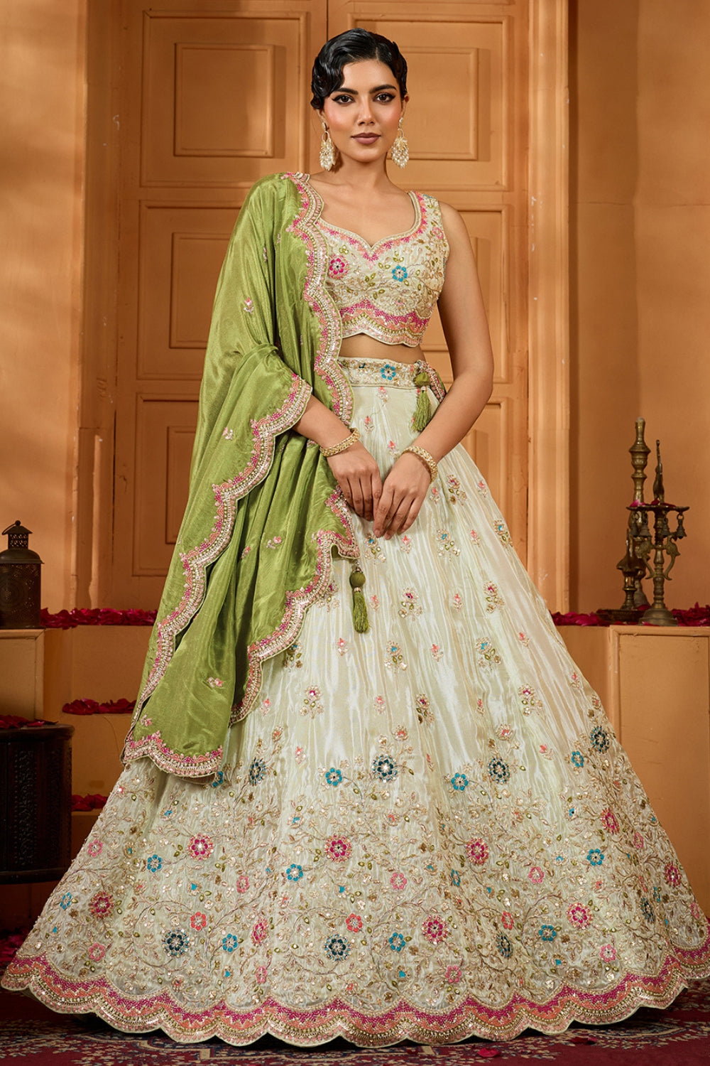 TISSUE LEHENGA CHOLI WITH MOTI AND RESHAM EMBROIDERY