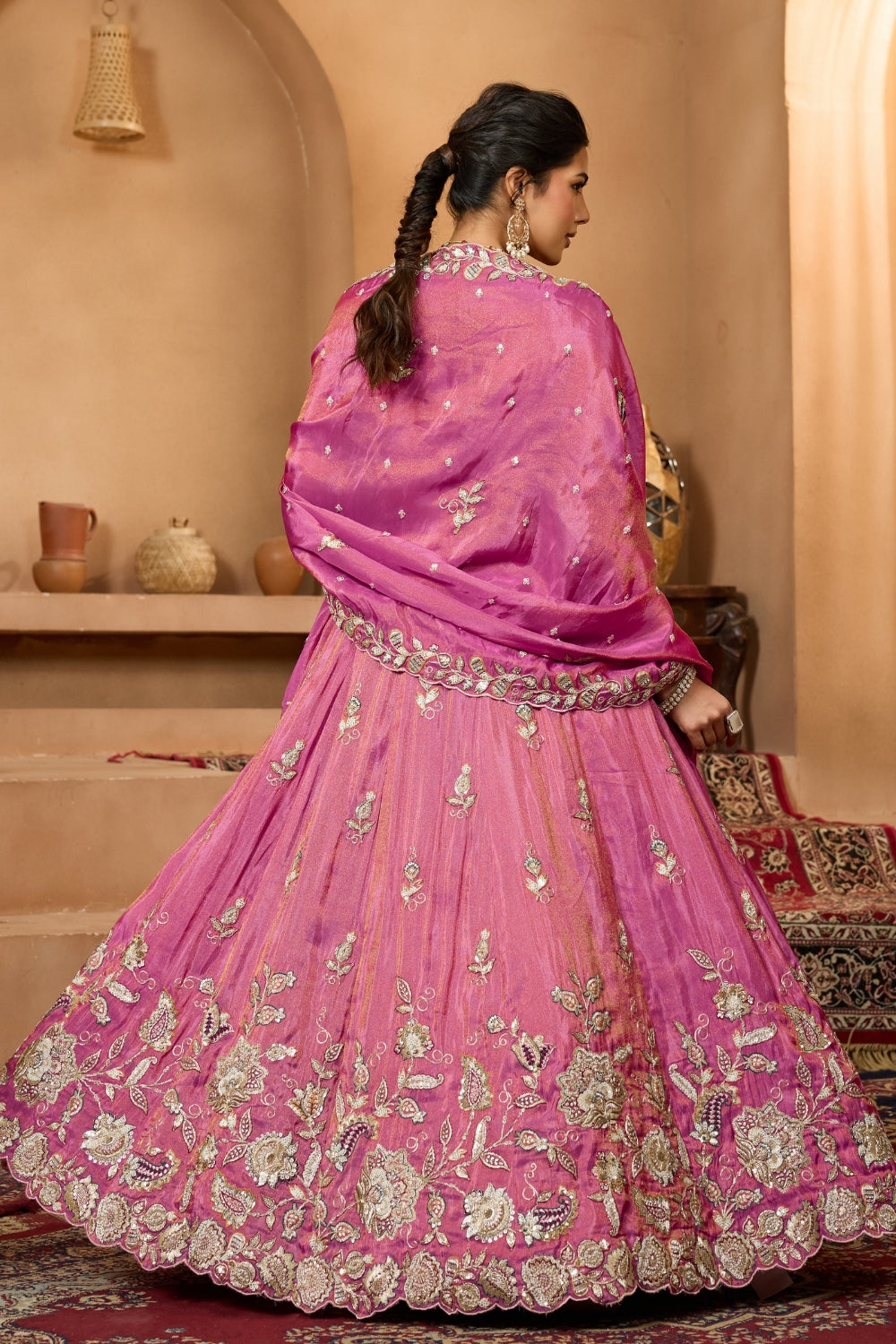 TISSUE LEHENGA CHOLI WITH MOTI AND SEQUINS