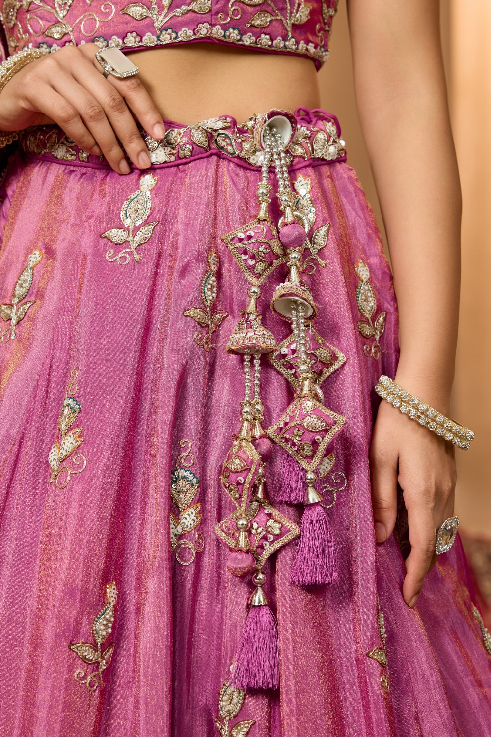 TISSUE LEHENGA CHOLI WITH MOTI AND SEQUINS